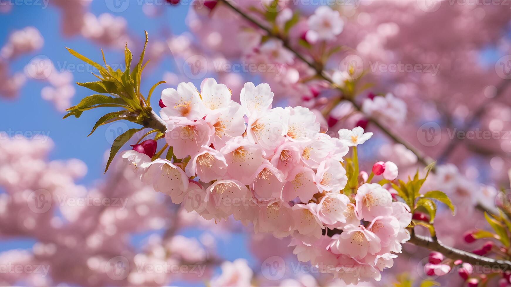 AI generated Background of cherry blossom tree in delicate pink bloom photo