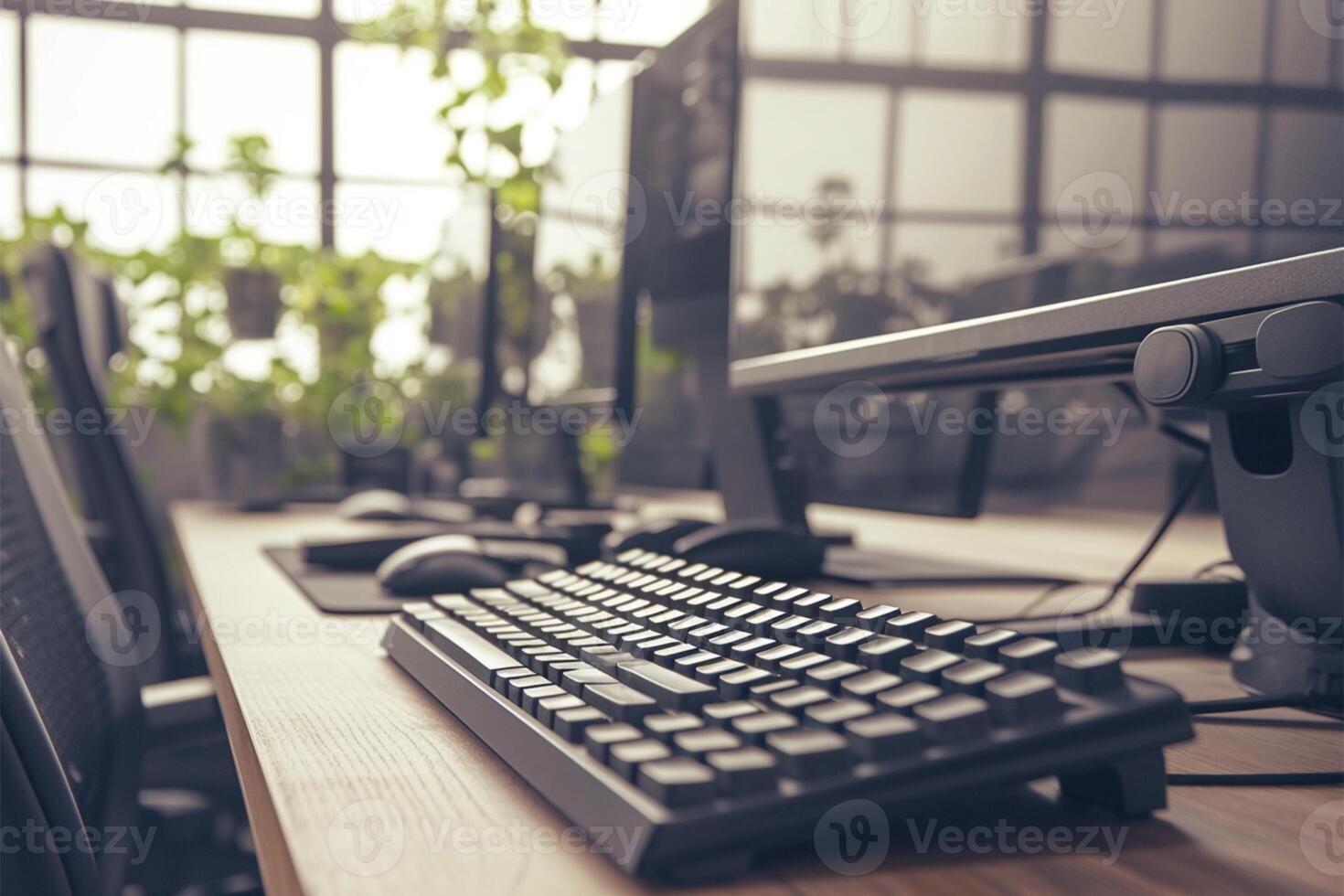 AI generated Black plastic keyboard and monitor in a functional office setting photo