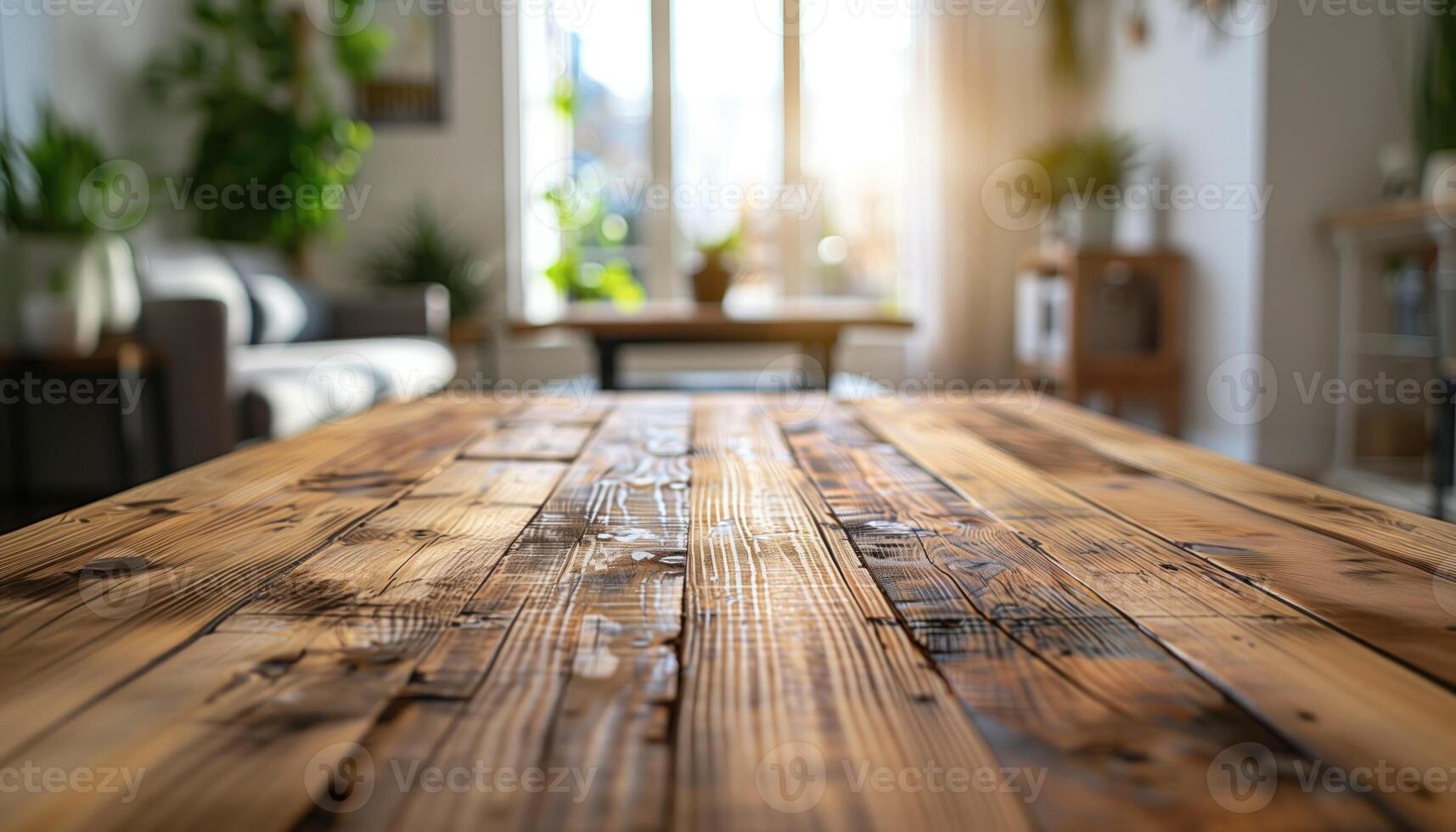 AI generated Empty wooden table blurry light background photo