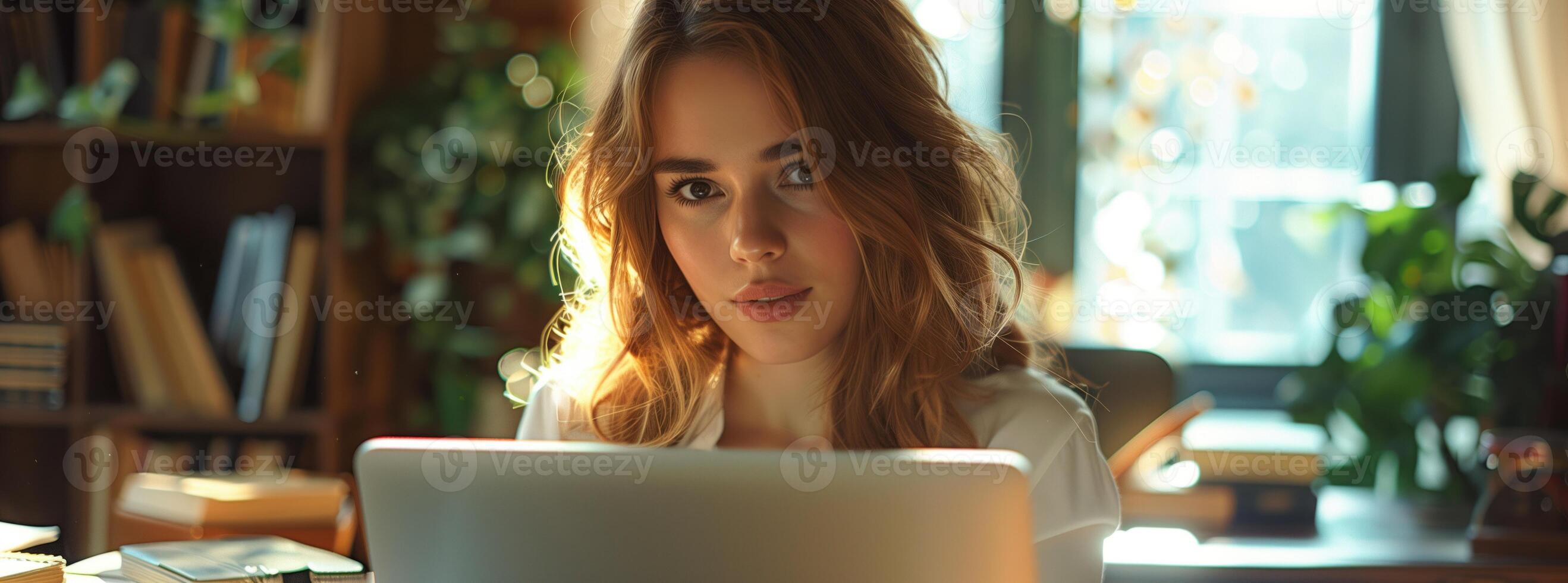 AI generated Beautiful woman working with laptop at desk office background photo