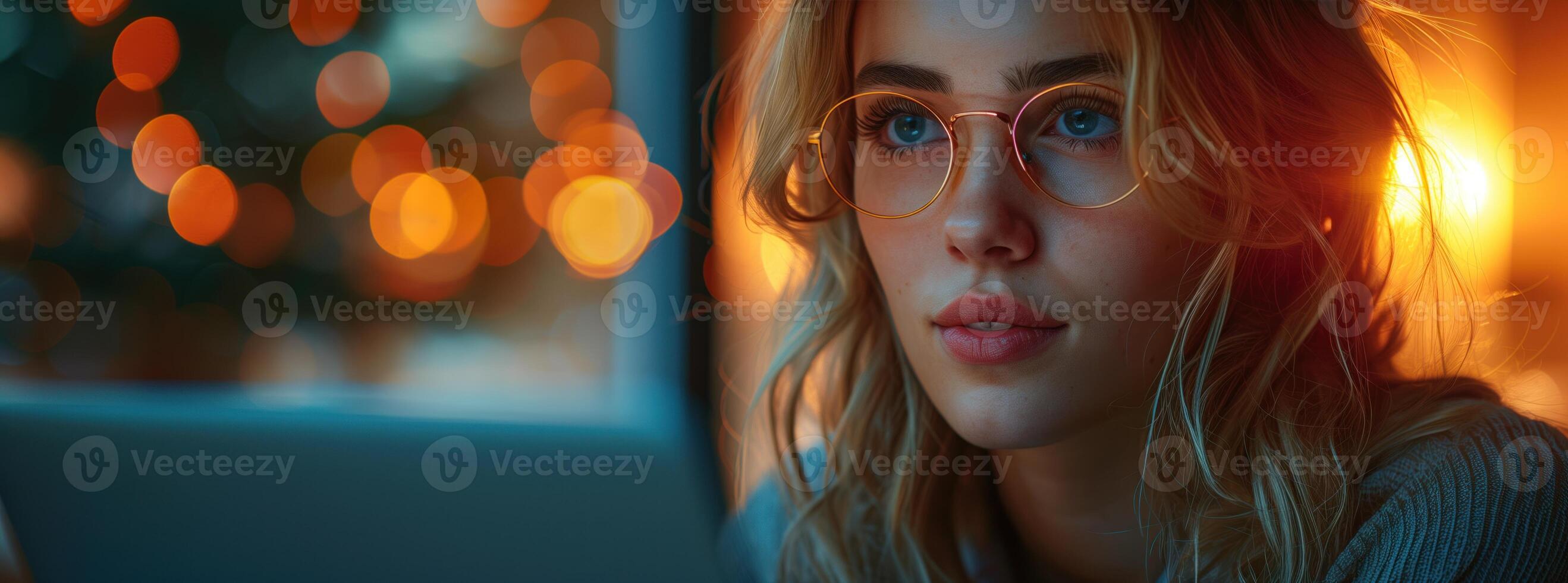 AI generated Beautiful woman working with laptop at desk office background photo