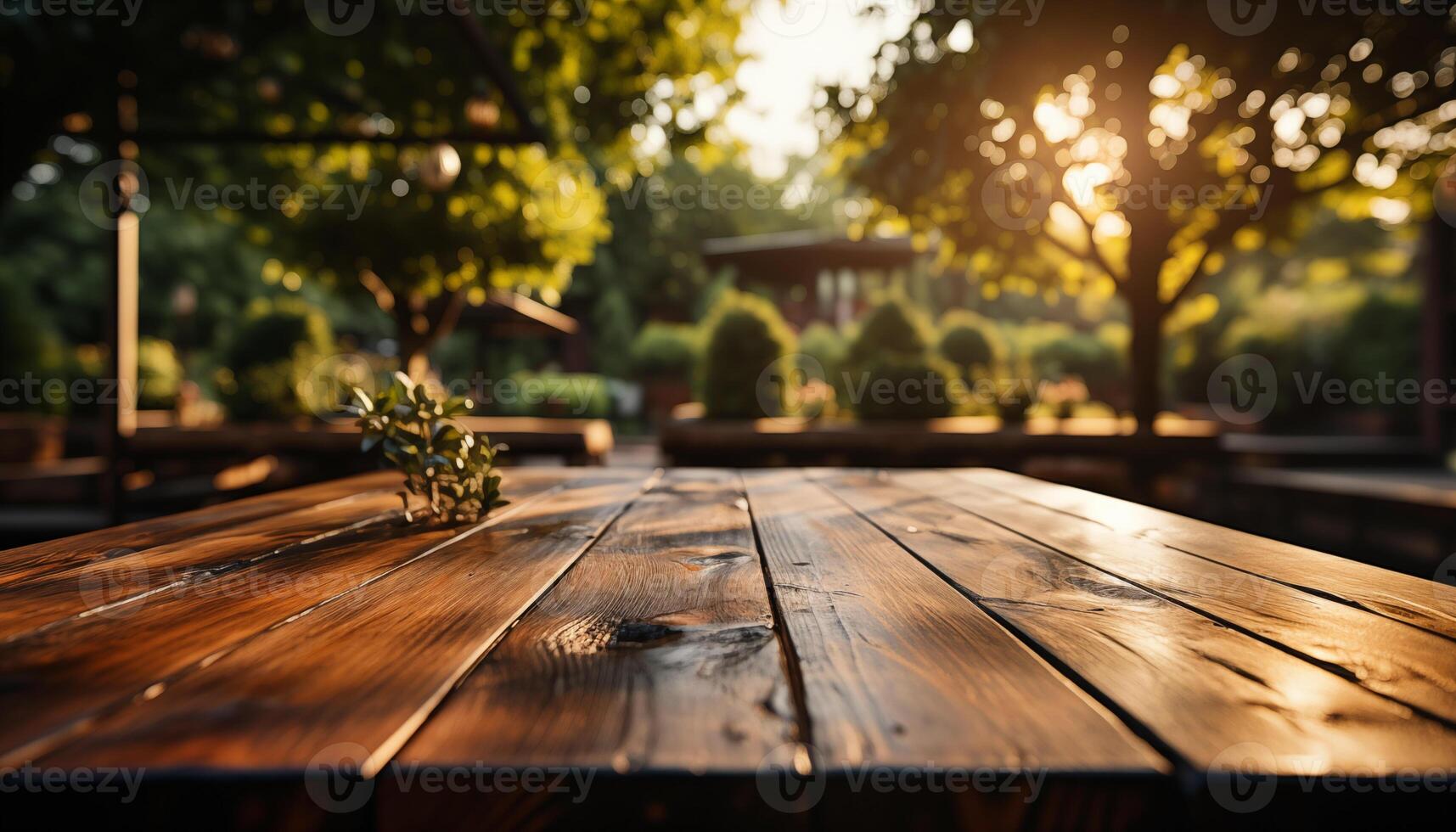 AI generated Wood table in wooden park outdoors background blurred photo