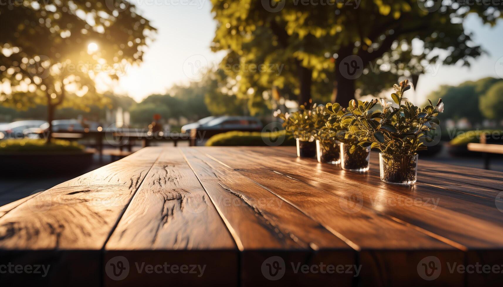 ai generado madera mesa en de madera parque al aire libre antecedentes borroso foto