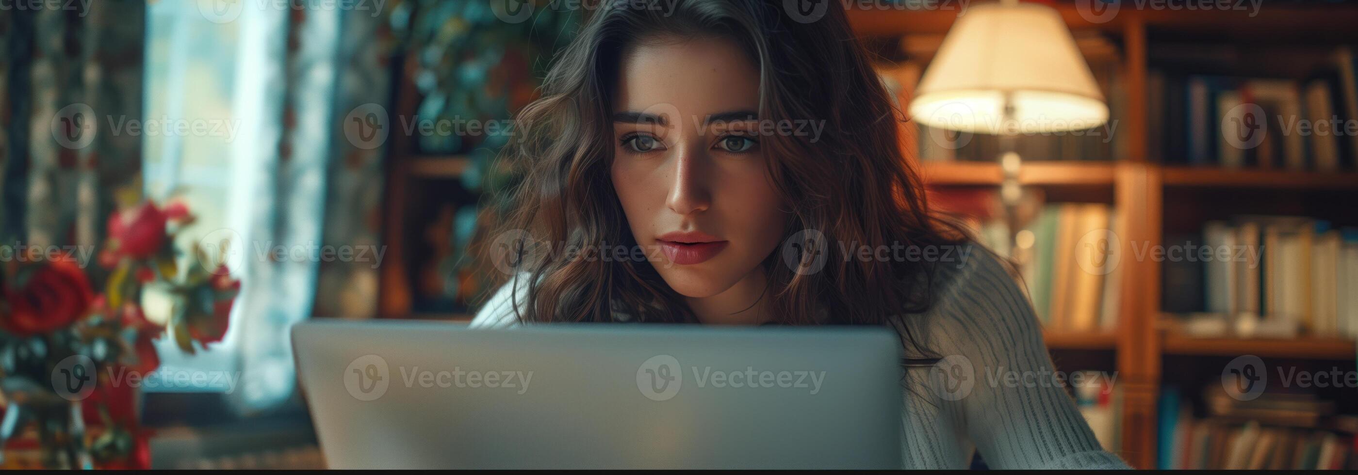 AI generated Beautiful woman working with laptop at desk office background photo