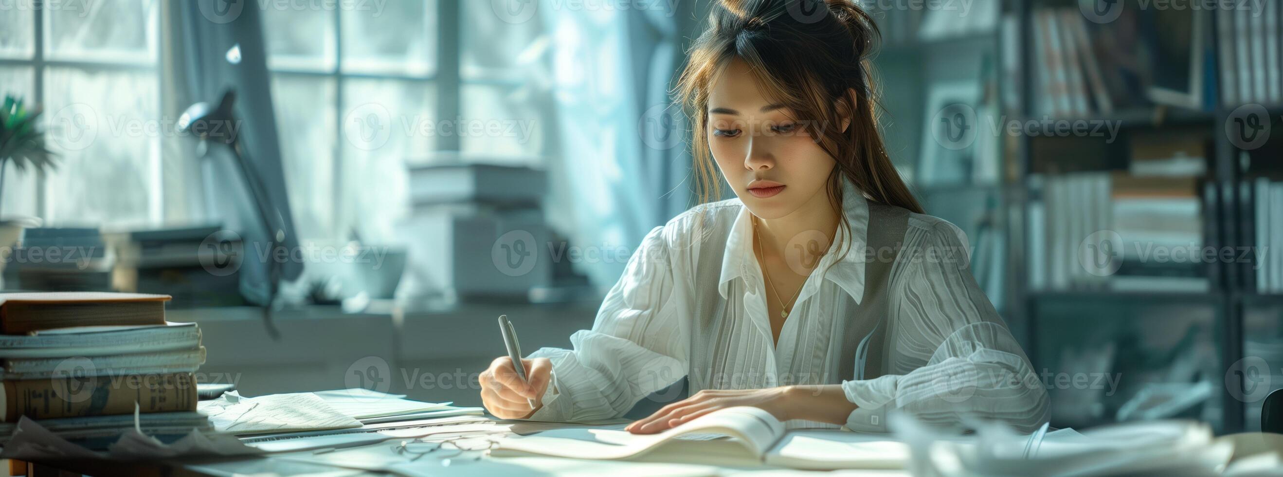 AI generated Beautiful woman working with laptop at desk office background photo