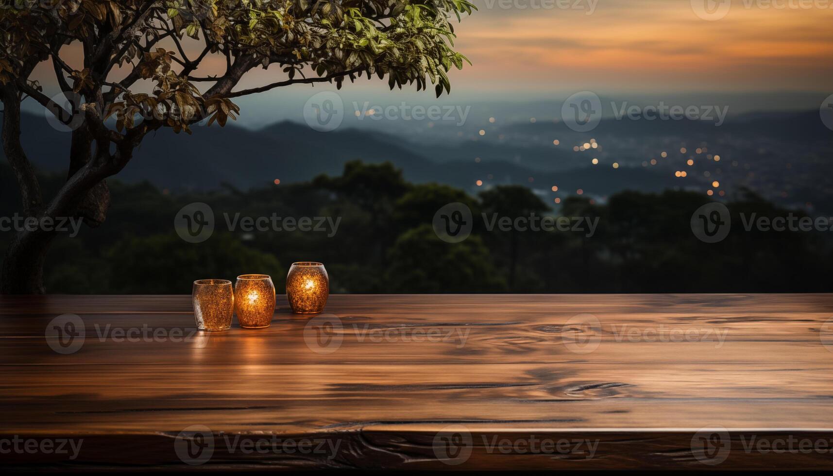 ai generado madera mesa en de madera parque al aire libre antecedentes borroso foto