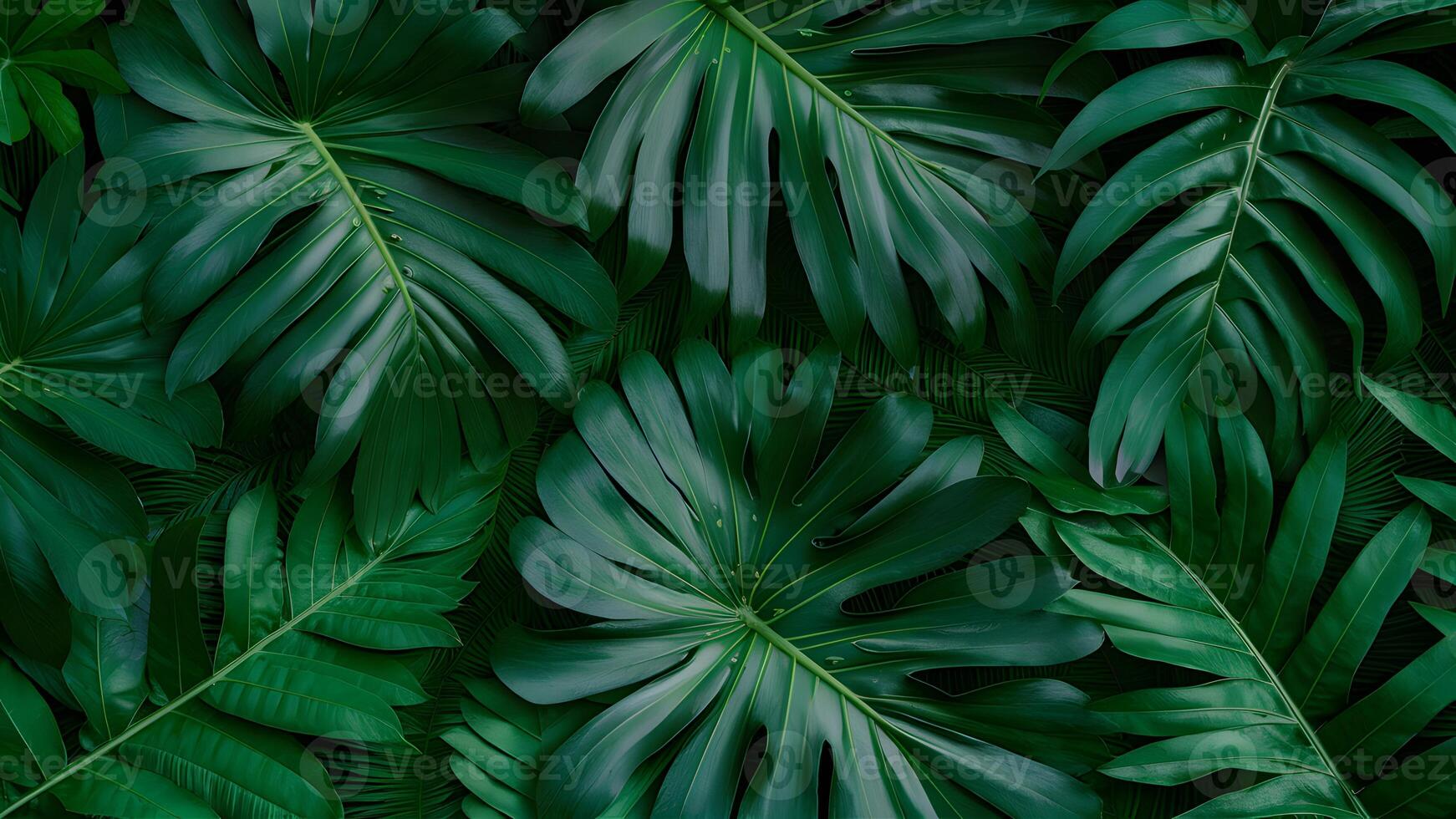AI generated Green tropical leaves backdrop featuring monstera, palm, fern photo