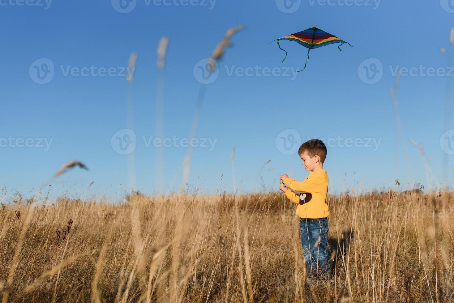 Little boy with kite flying over his head photo