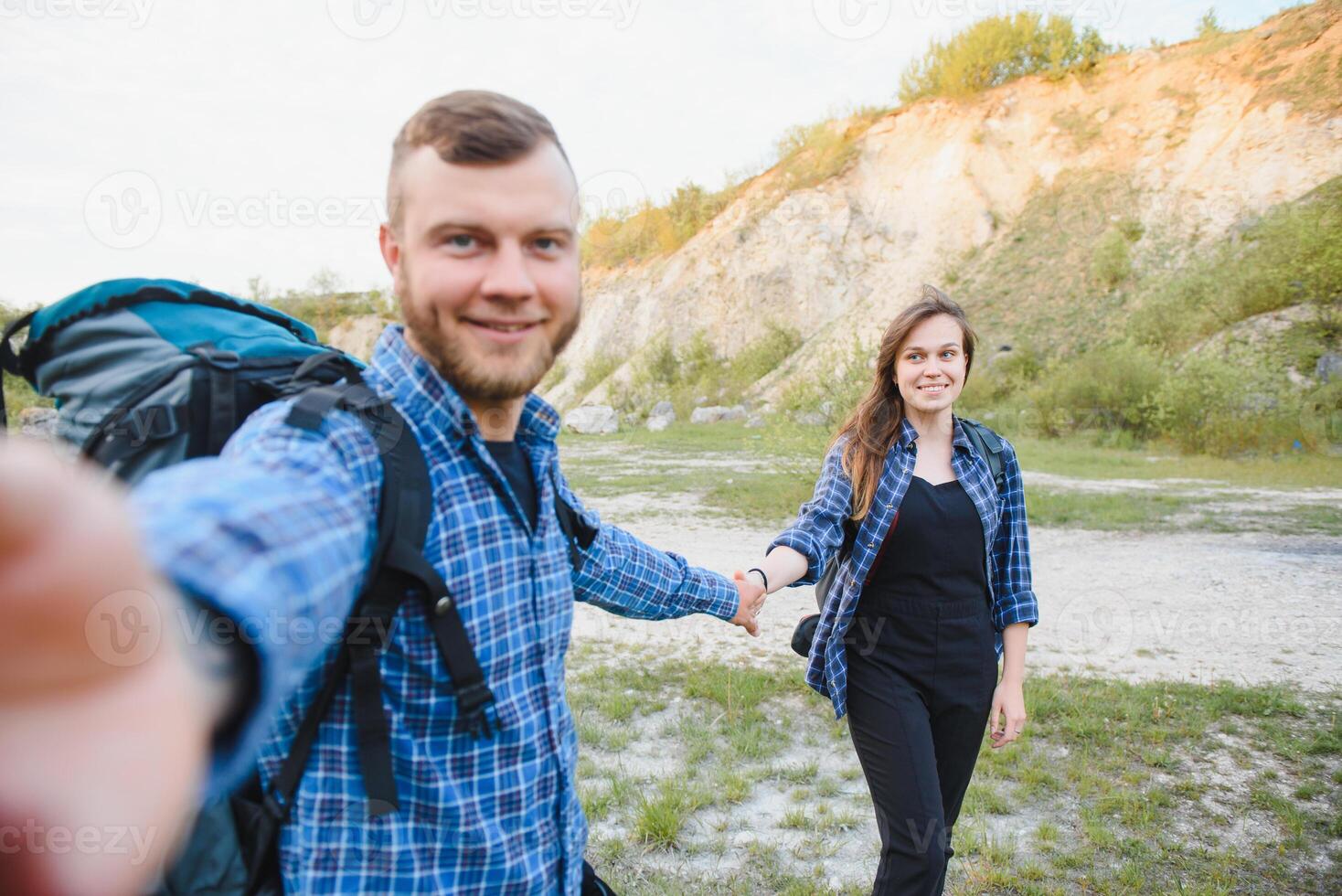 Couple With Backpacks Take Selfie Photo Over Mountain Landscape Trekking, Young Man And Woman On Hike Tourists Adventure Activity