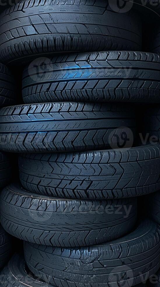 AI generated Stack of car tires with black rubber tread, textured background Vertical Mobile Wallpaper photo