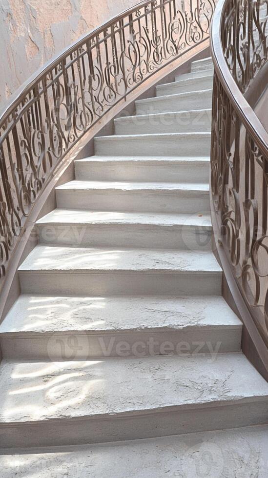 AI generated Brown staircase descends with intricate railings in soft natural light Vertical Mobile Wallpaper photo