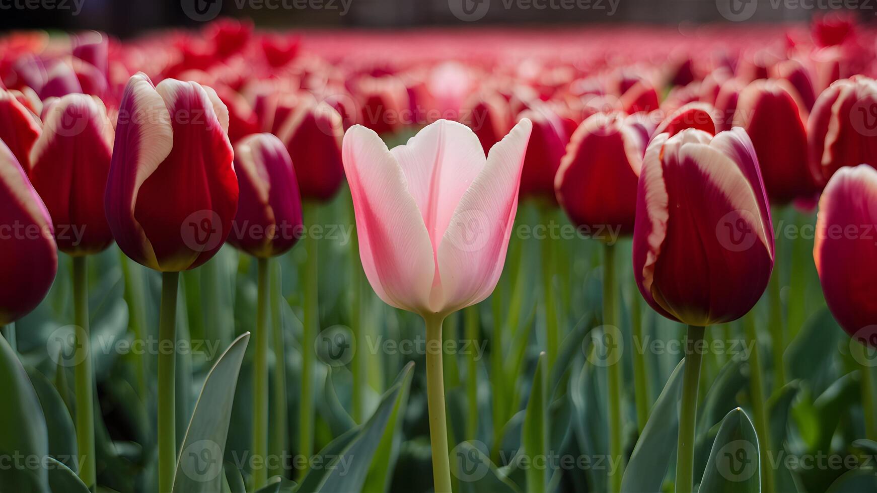 AI generated Beautiful garden scene with pink tulip among red tulips photo