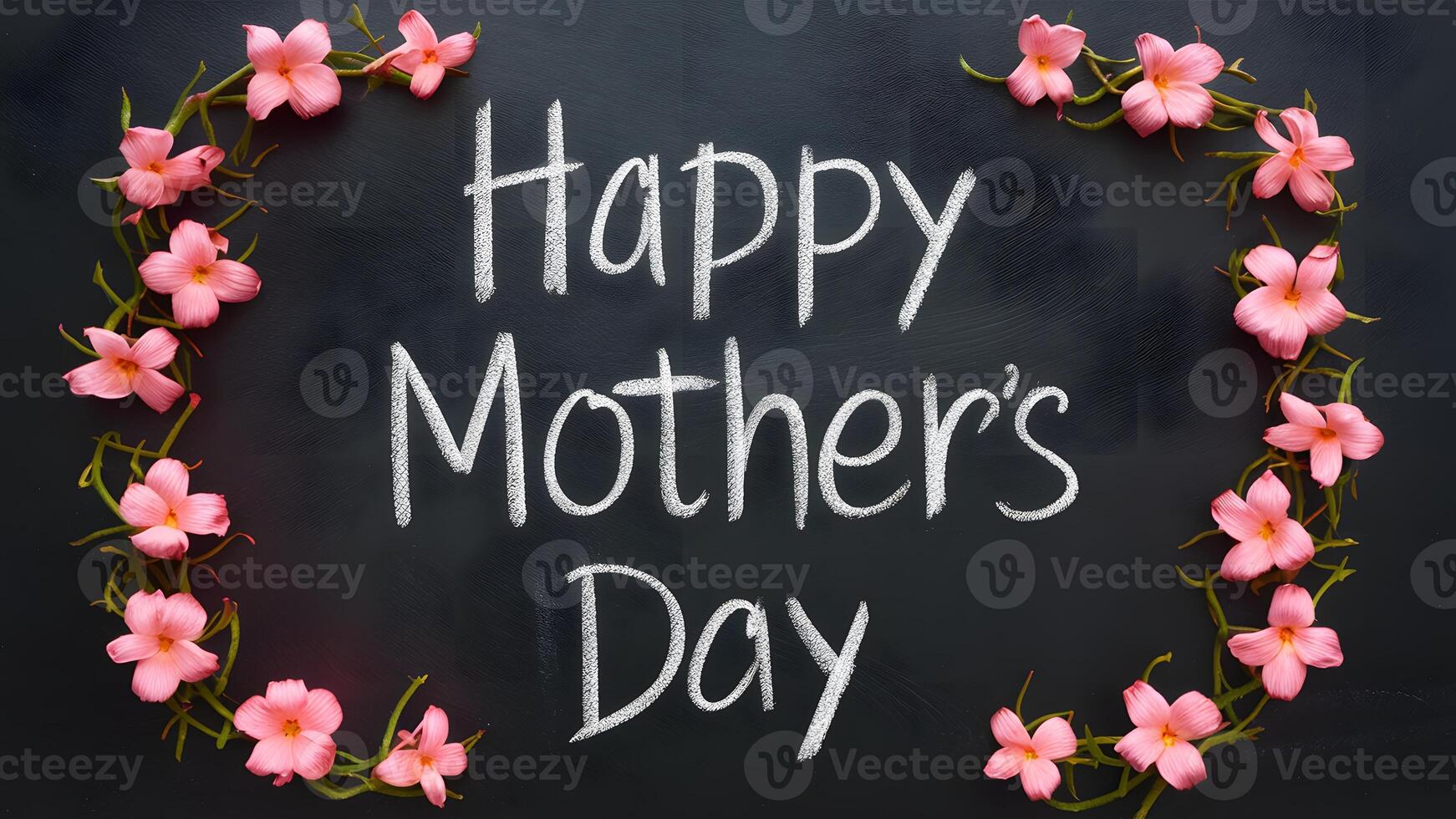 AI generated Chalk written blackboard for happy Mothers Day, pink flowers textured photo