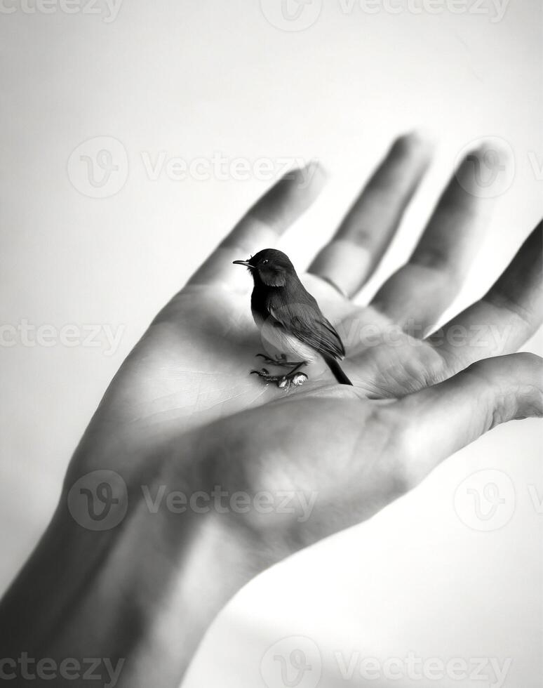 ai generado de cerca de un mano con un pájaro en parte superior foto