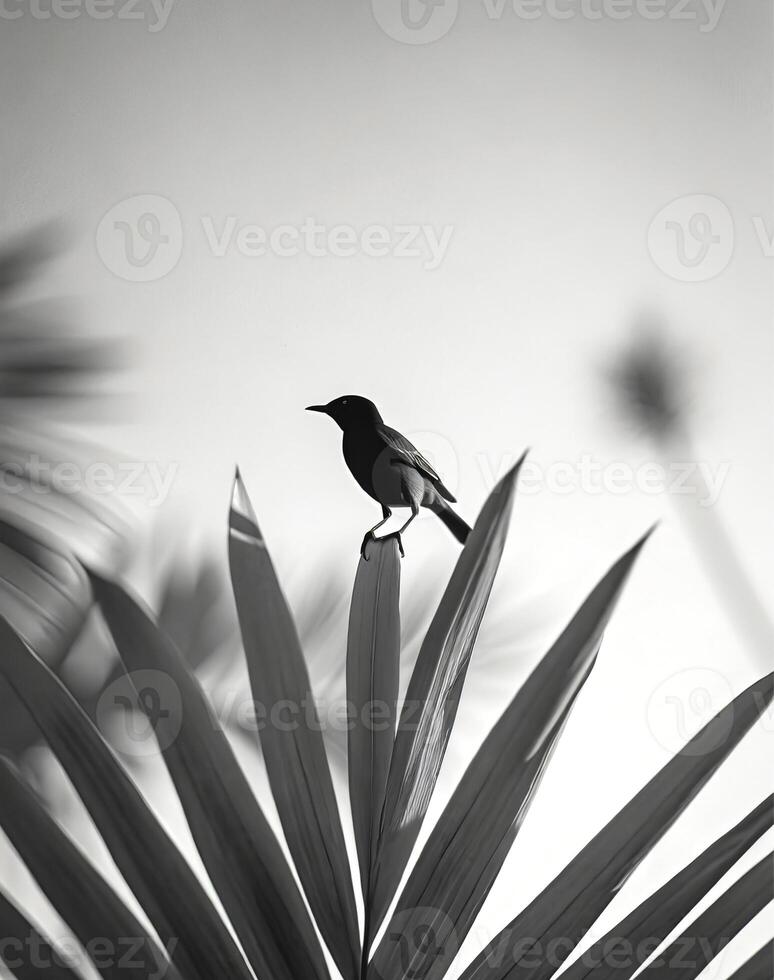 AI generated close-up photograph of a palm with a bird on top photo