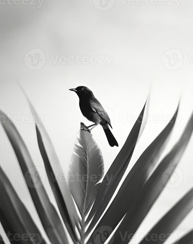 AI generated close-up photograph of a palm with a bird on top photo