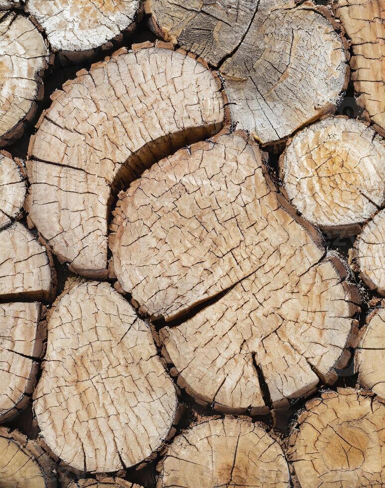 AI generated cut wooden trunk with cracks stained with different tones photo