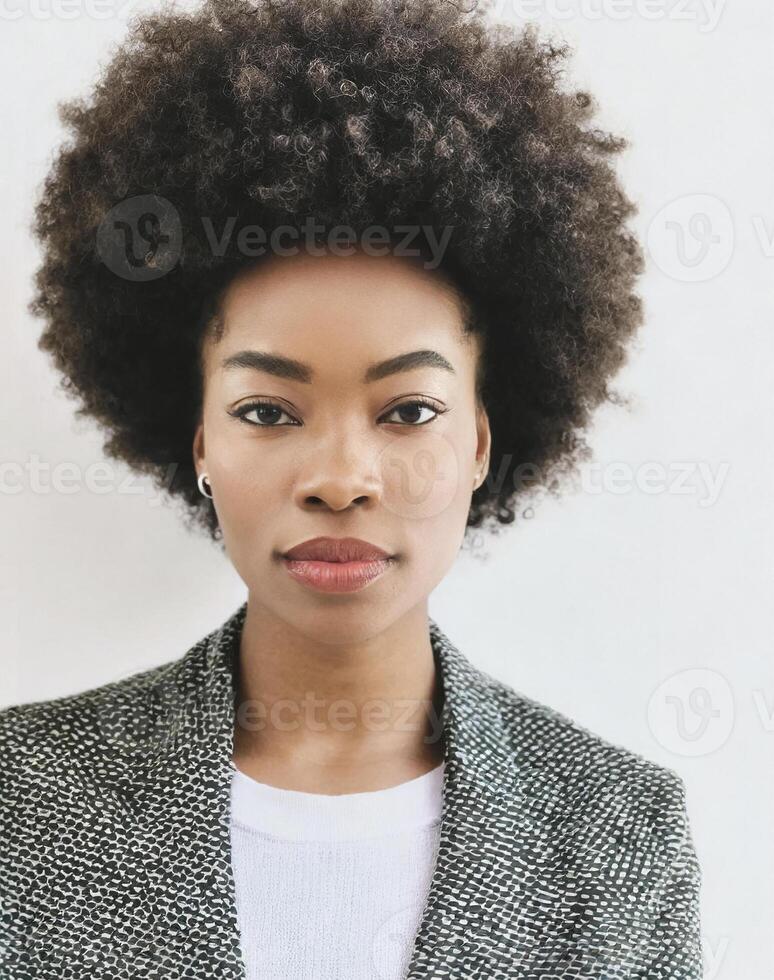 AI generated black woman with a deep gaze and afro pop style photo