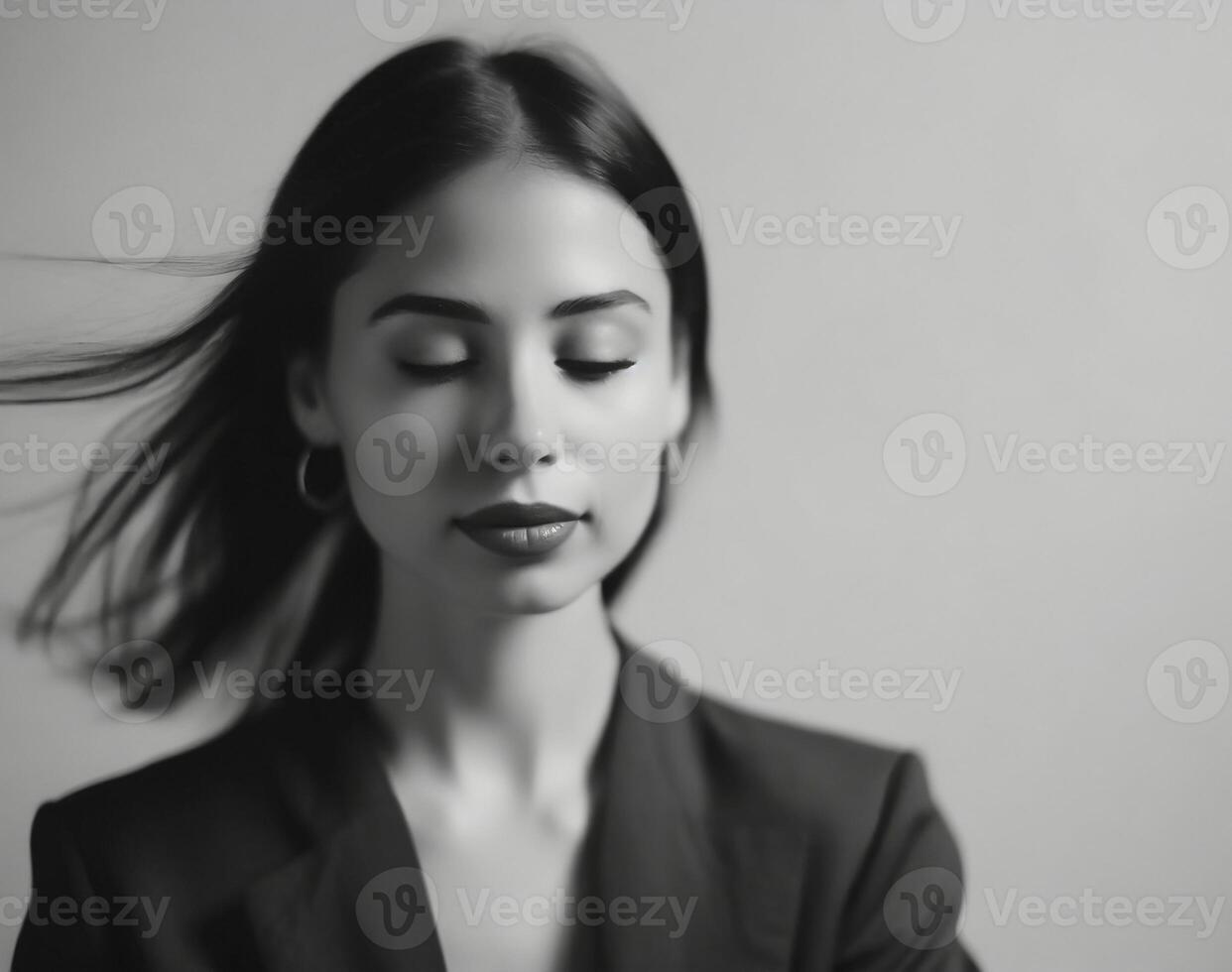 AI generated portrait of pensive woman in blurred black and white photo