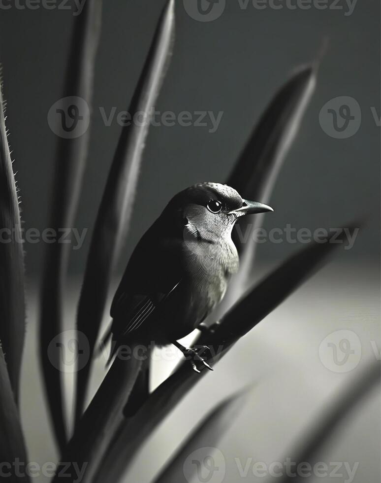 AI generated close-up photograph of a palm with a bird on top photo