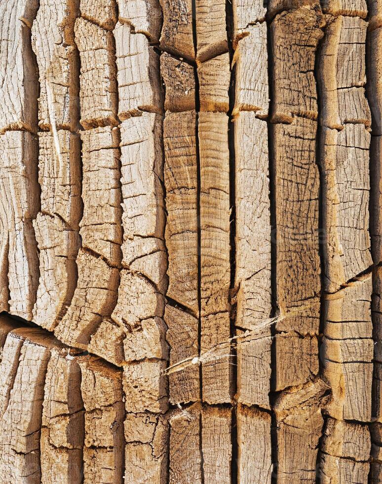 AI generated cut wooden trunk with cracks stained with different tones photo