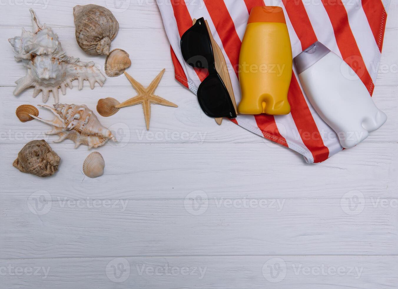 Flat lay. Top view. Frame of shells of various kinds on a blue background. Seashells and starfish and ship on a pastel background. Vacation concept. travel concept. with copy space photo