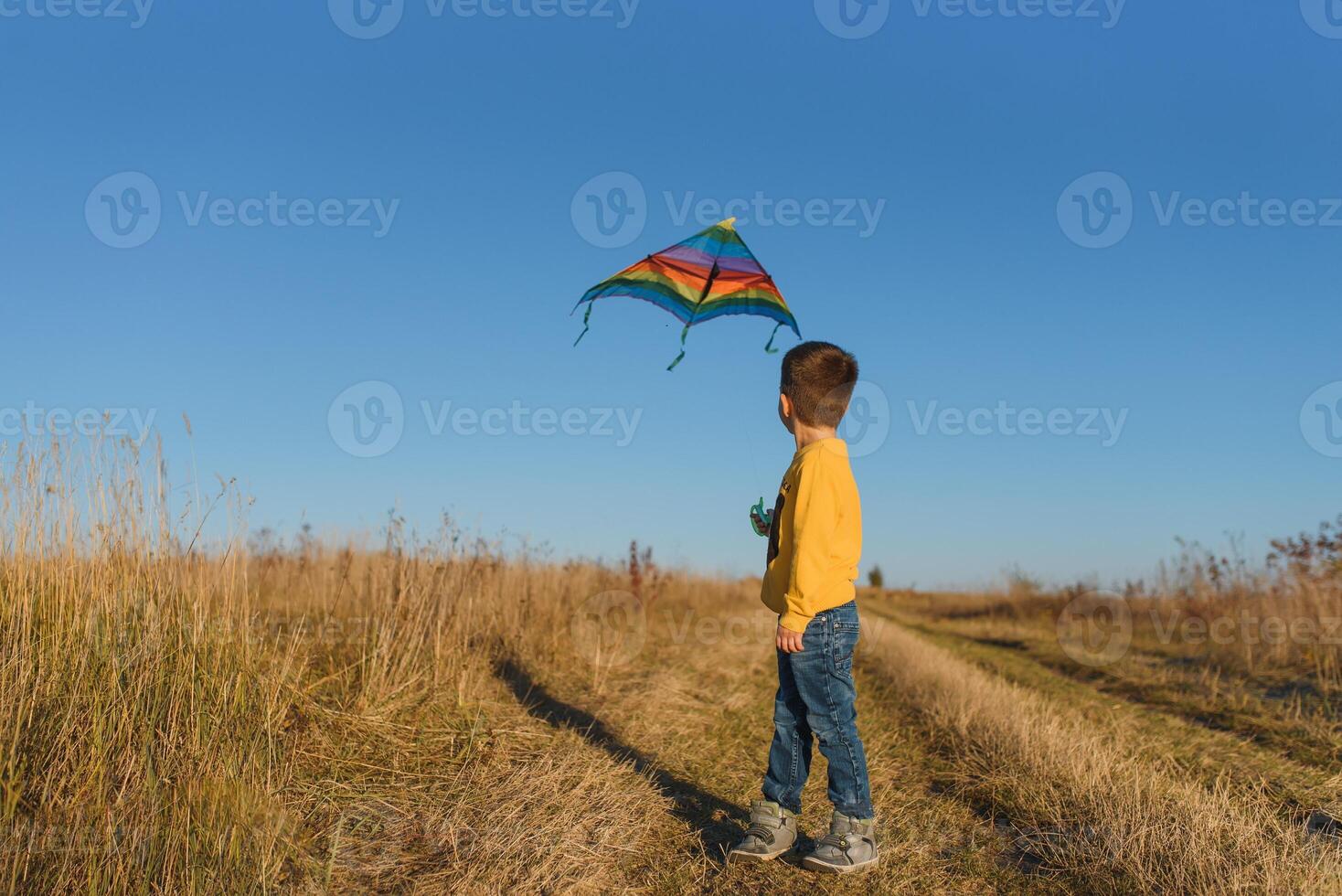 Little boy with kite flying over his head photo