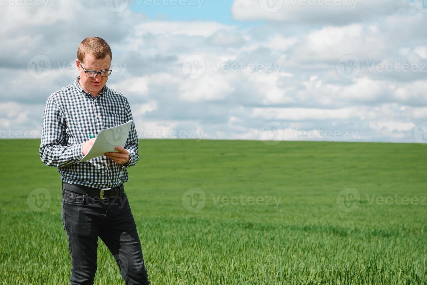 Young farmer on a wheat field. Young wheat in spring. Agriculture concept. An agronomist examines the process of ripening wheat in the field. The concept of the agricultural business. photo