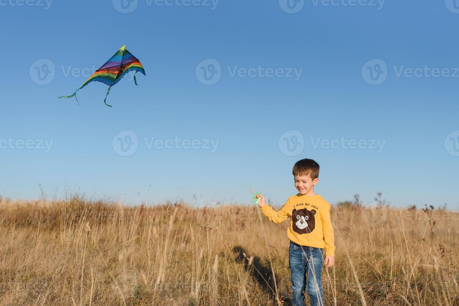 Happy child playing with a kite while running on meadow, sunset, in summer day. Funny time with family. Little boy launch a kite. photo
