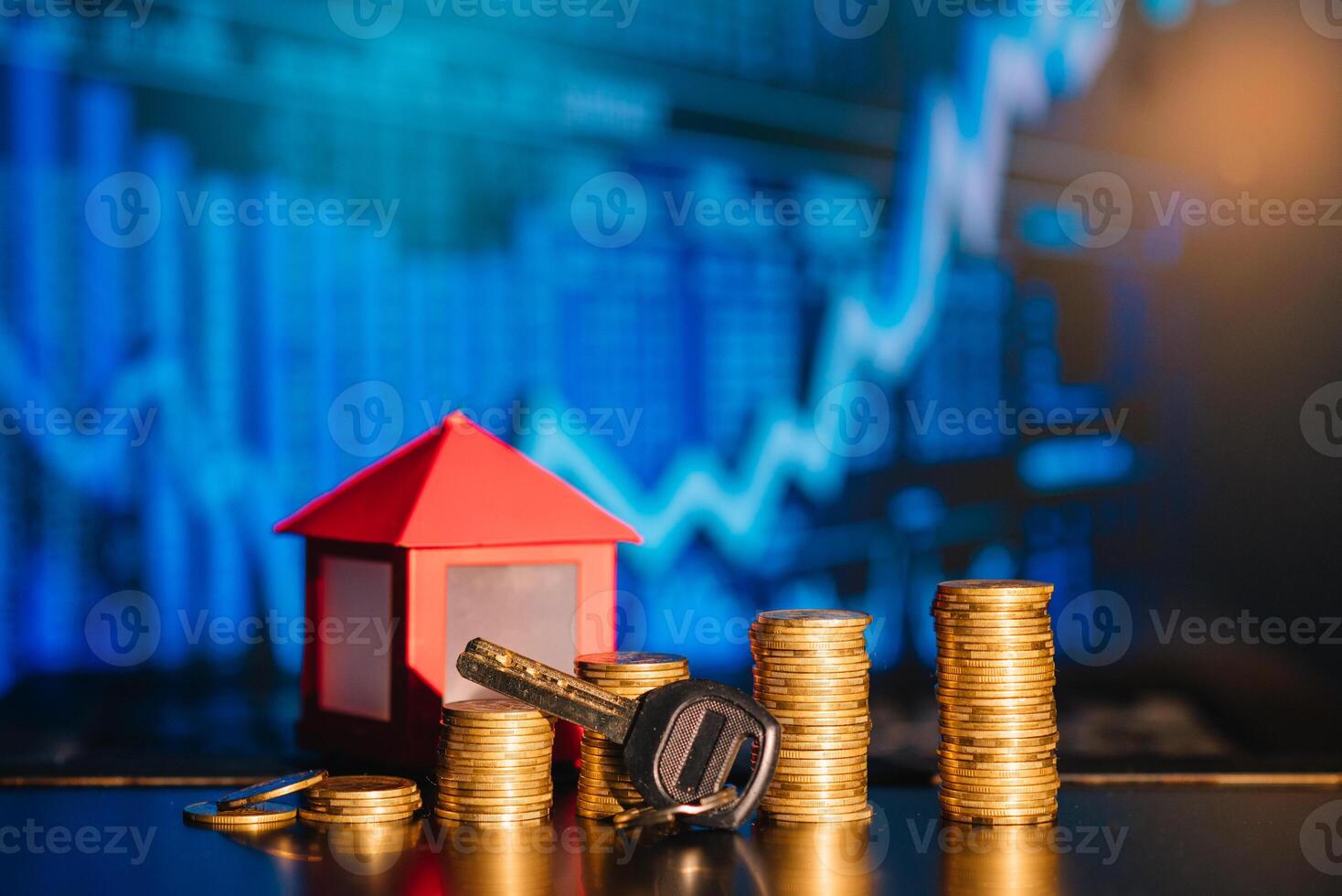 A pile of coins casting a shadow as house, savings concept photo