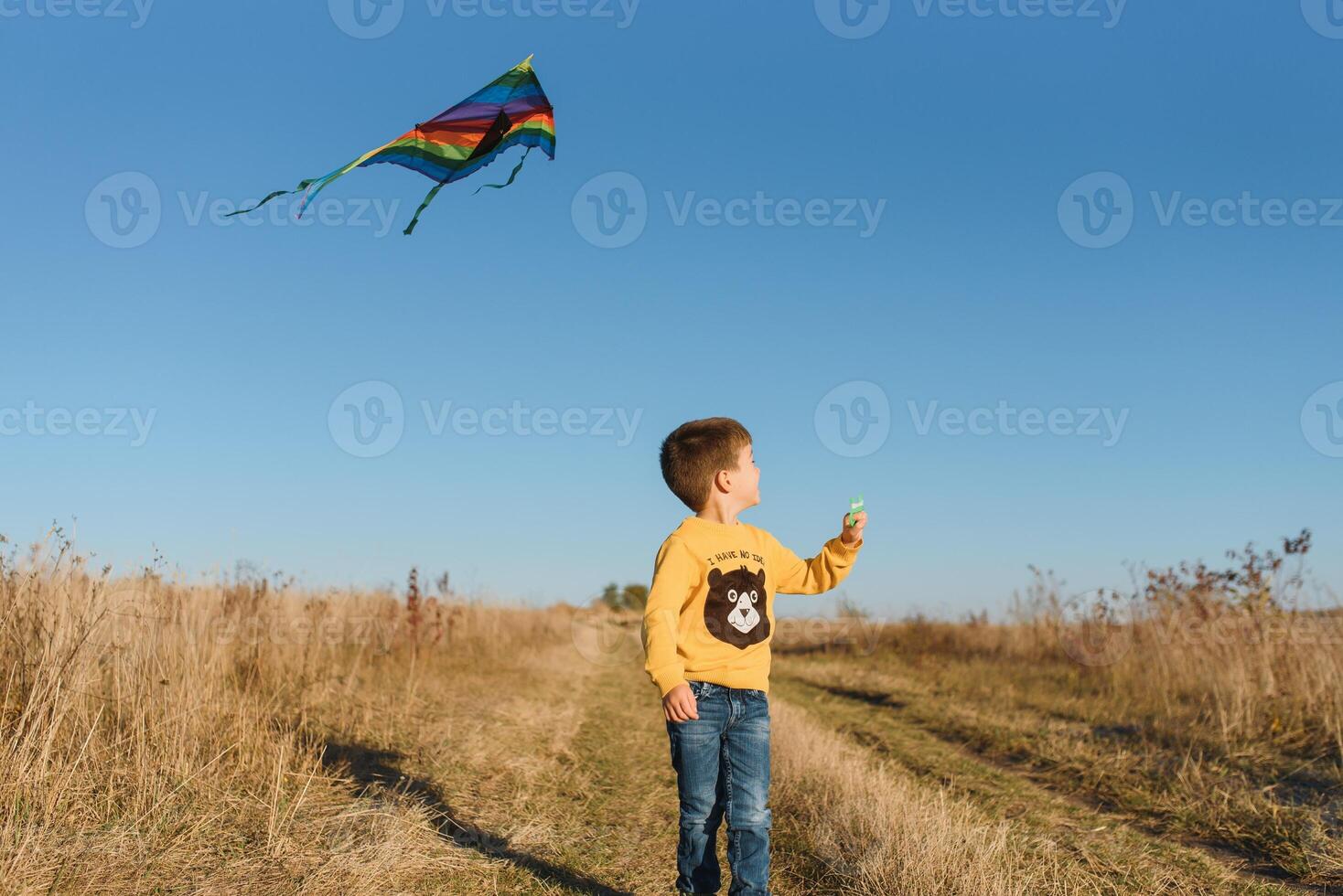 Little boy with kite flying over his head photo