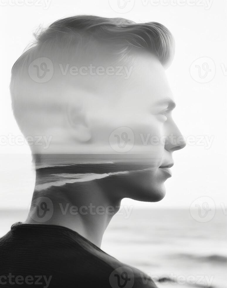 AI generated person silhouette in black and white and double exposure effect with sea in the background photo