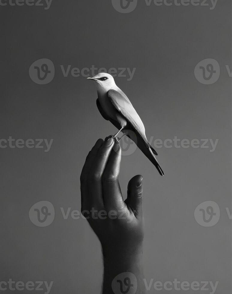 AI generated close-up of a hand with a bird on top photo