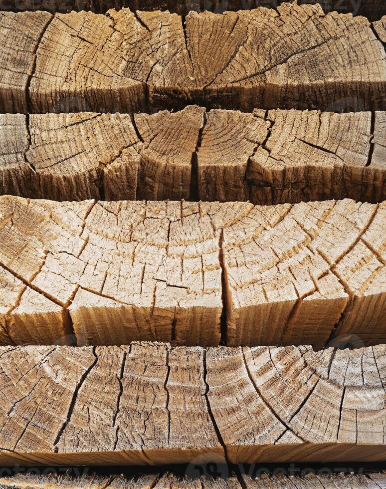 AI generated cut wooden trunk with cracks stained with different tones photo