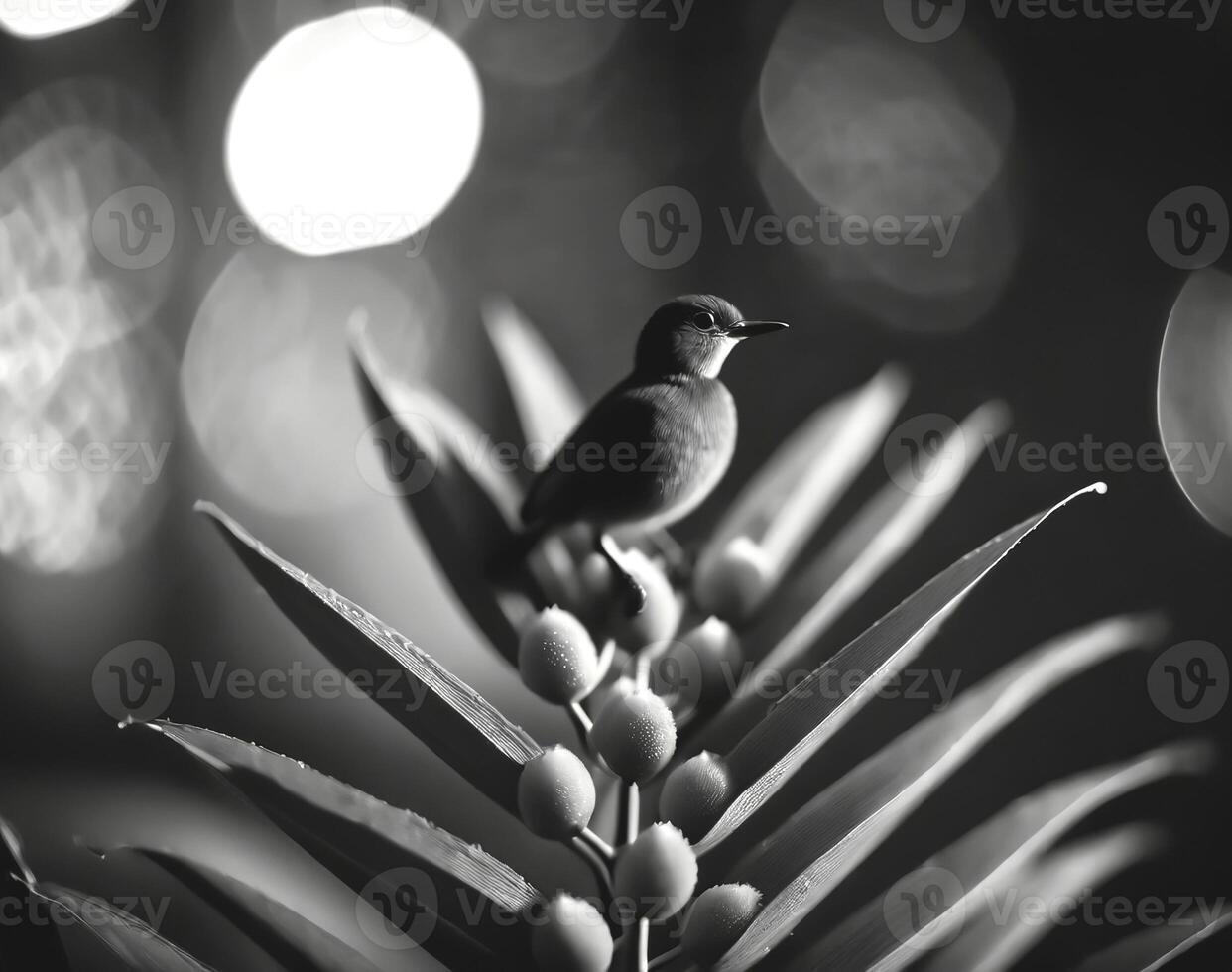 AI generated close-up photograph of a palm with a bird on top photo