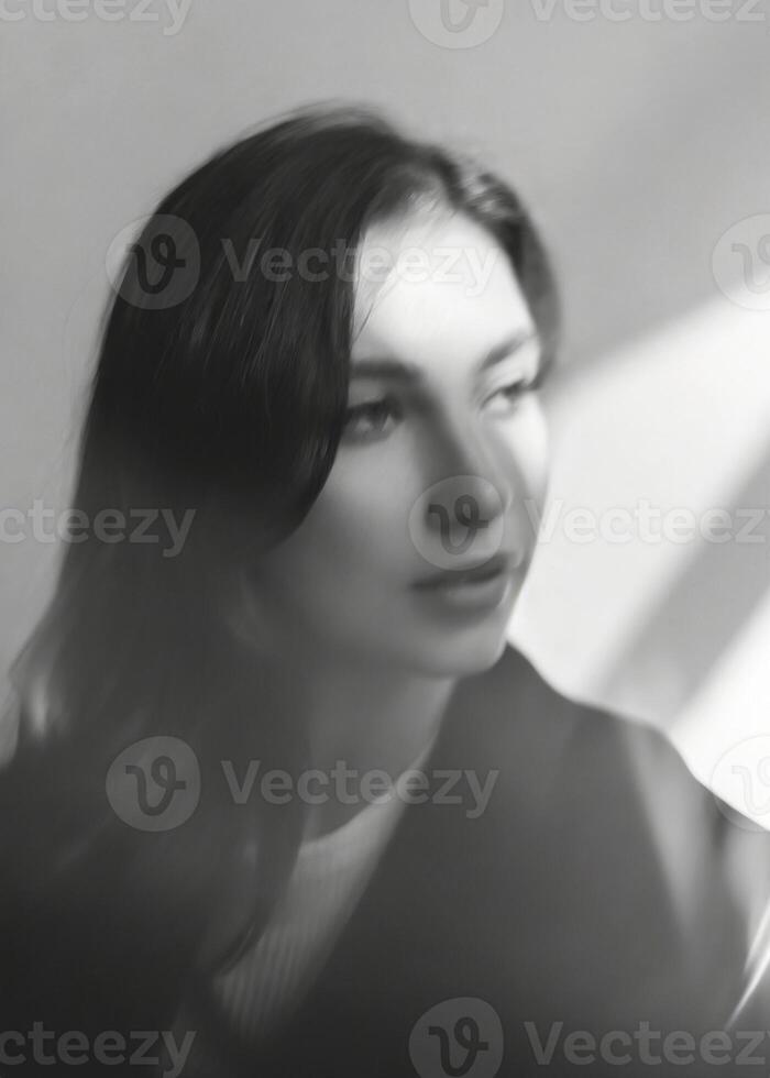 AI generated portrait of pensive woman in blurred black and white photo