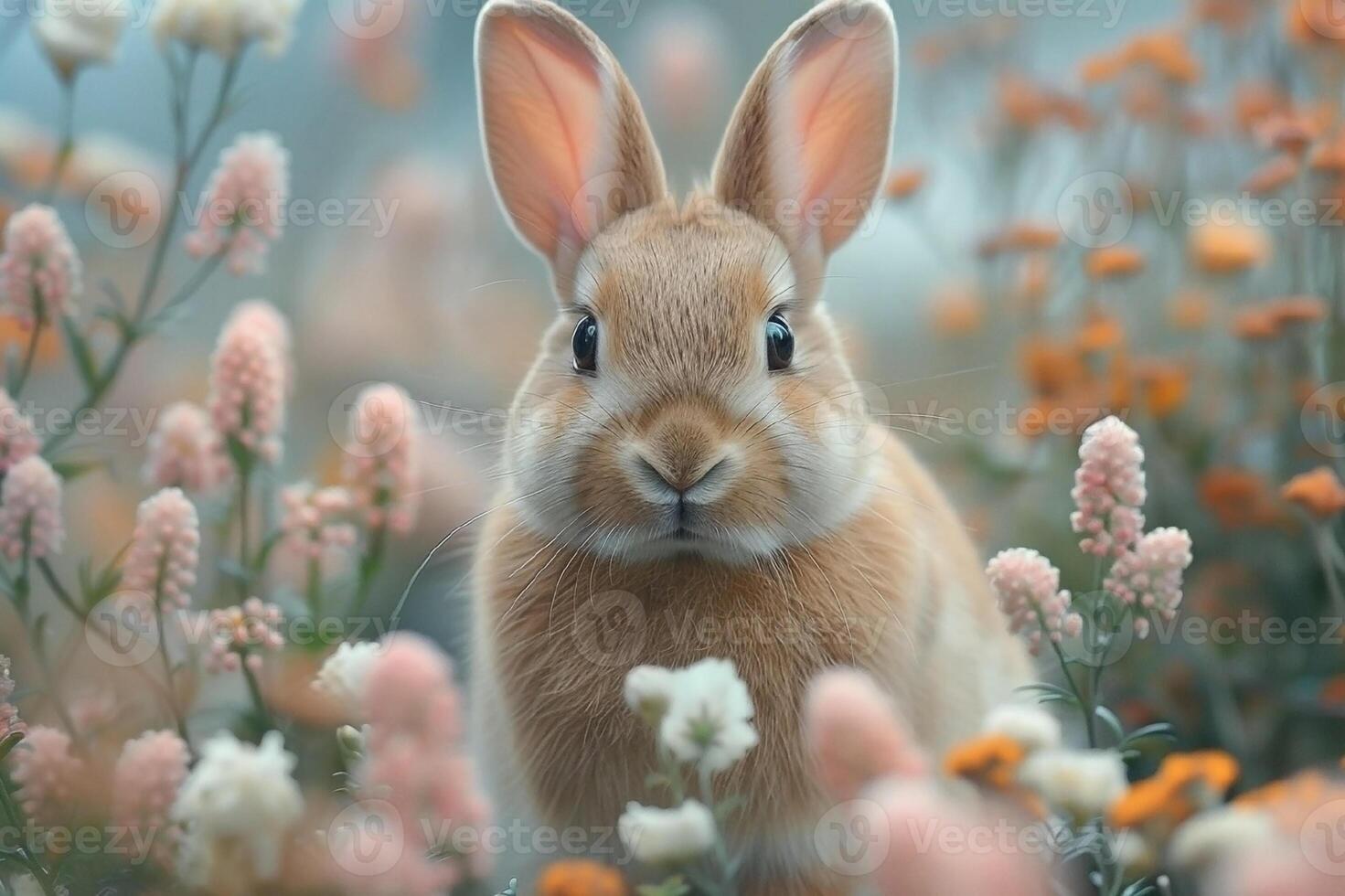 AI generated Cute rabbit in spring flowers. photo