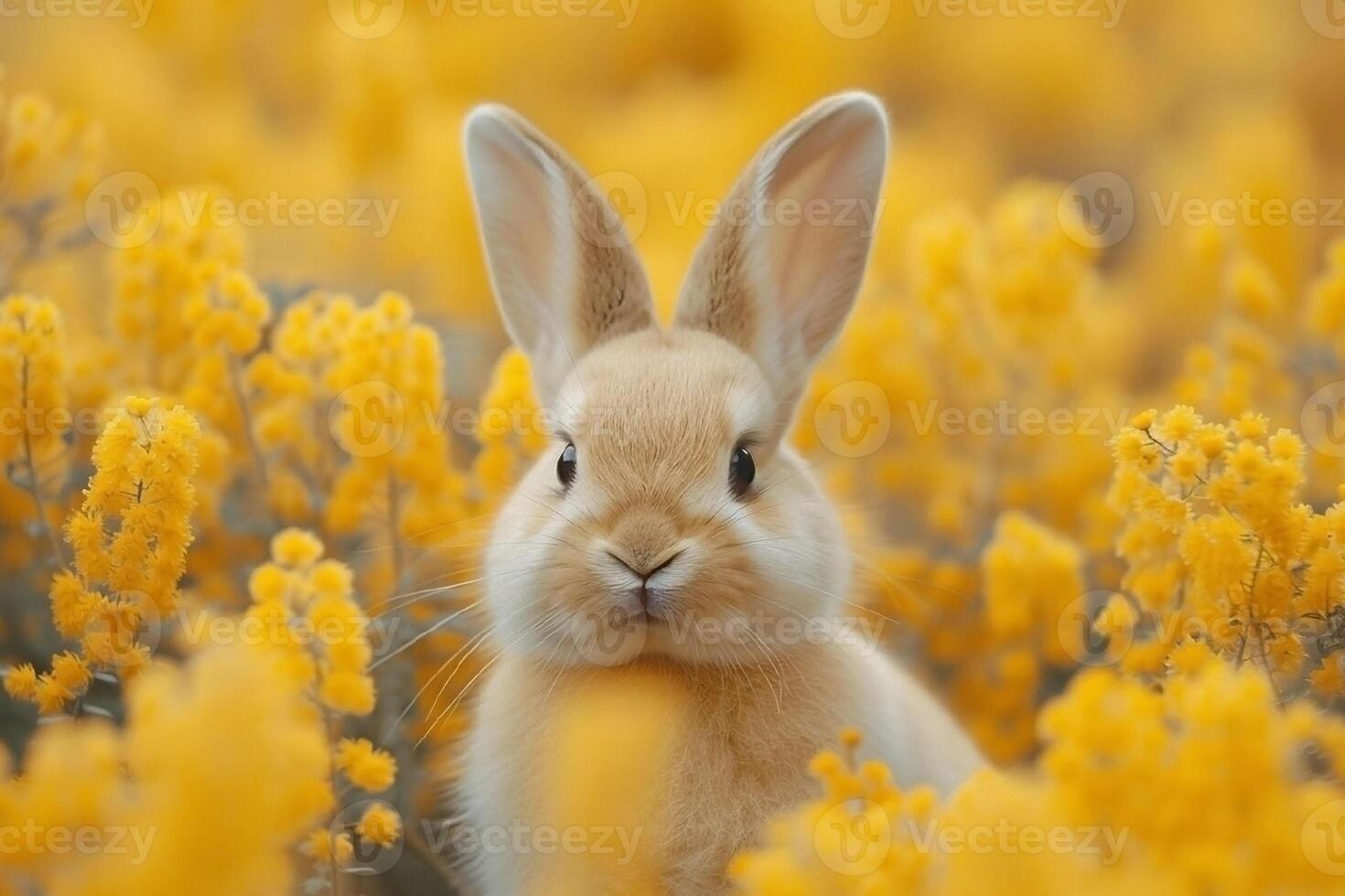 AI generated Cute rabbit in spring flowers. photo