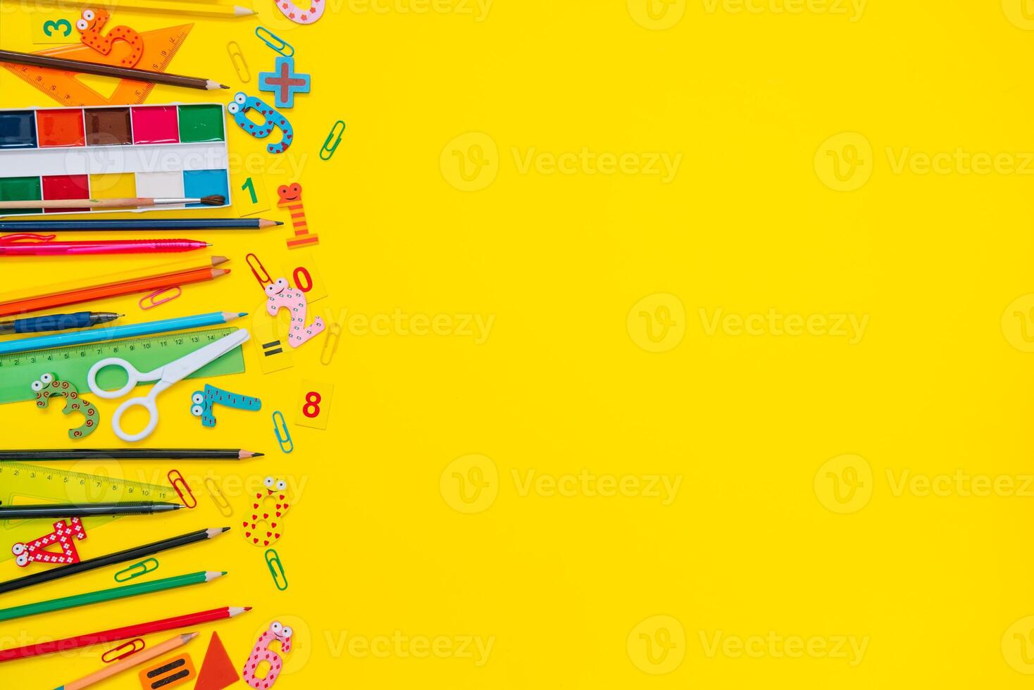 School equipment. Variety of school supplies. Flat lay photo