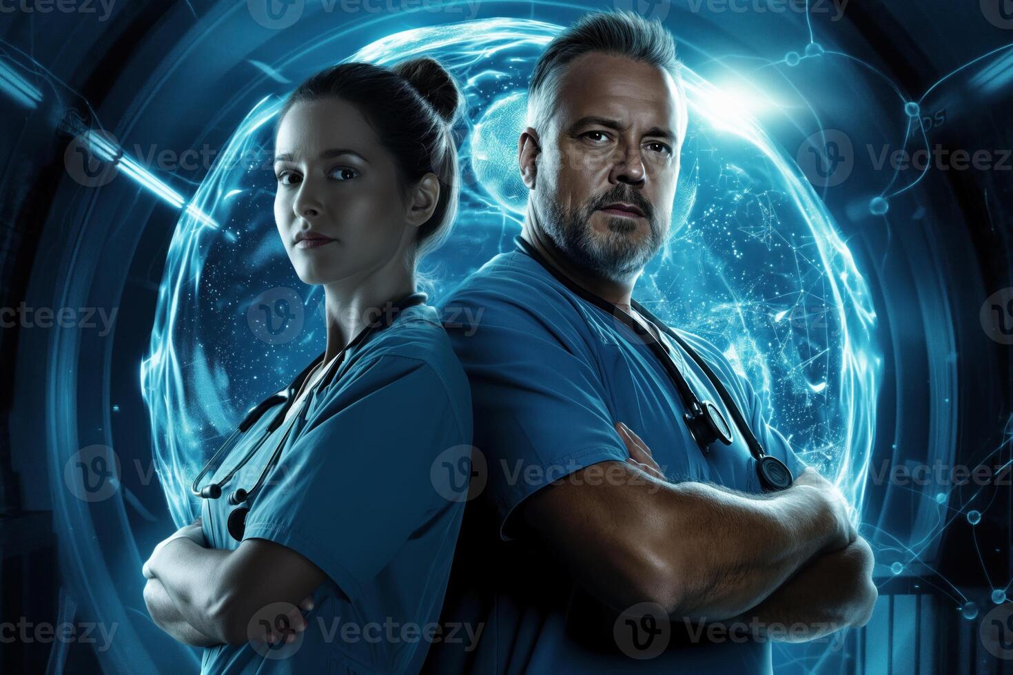 AI generated Portrait of Male doctor standing side by side with female nurse. photo