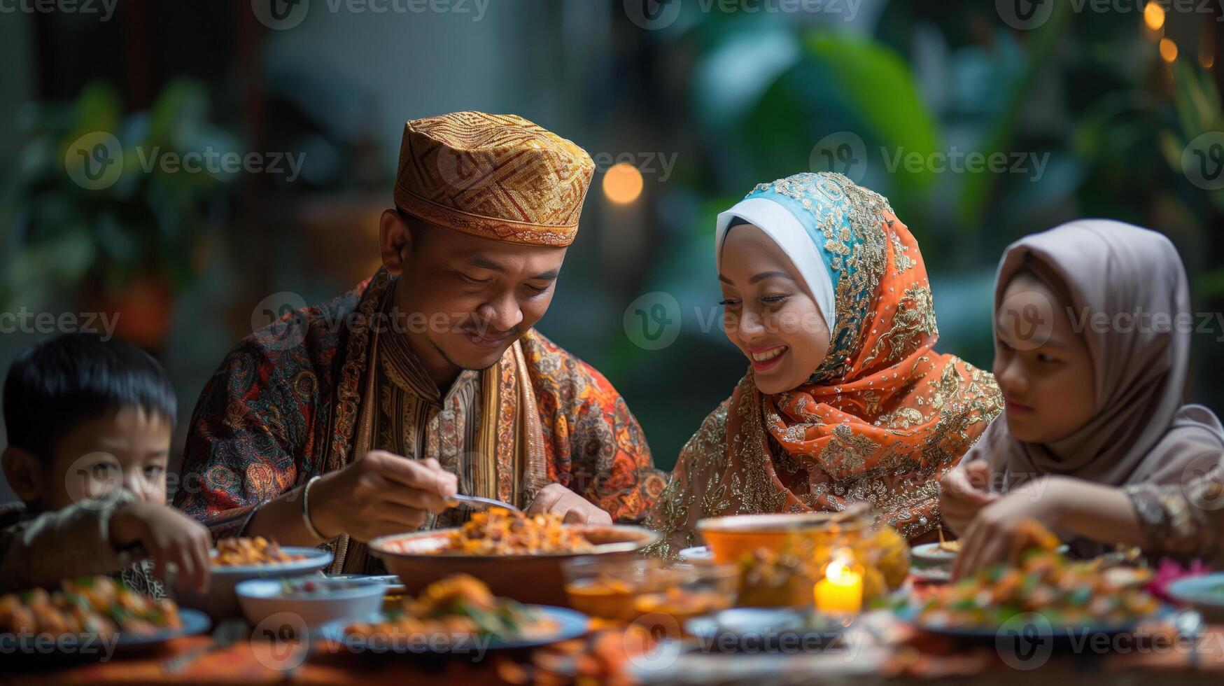 AI generated Muslim family celebrating Ramadan Iftar photo