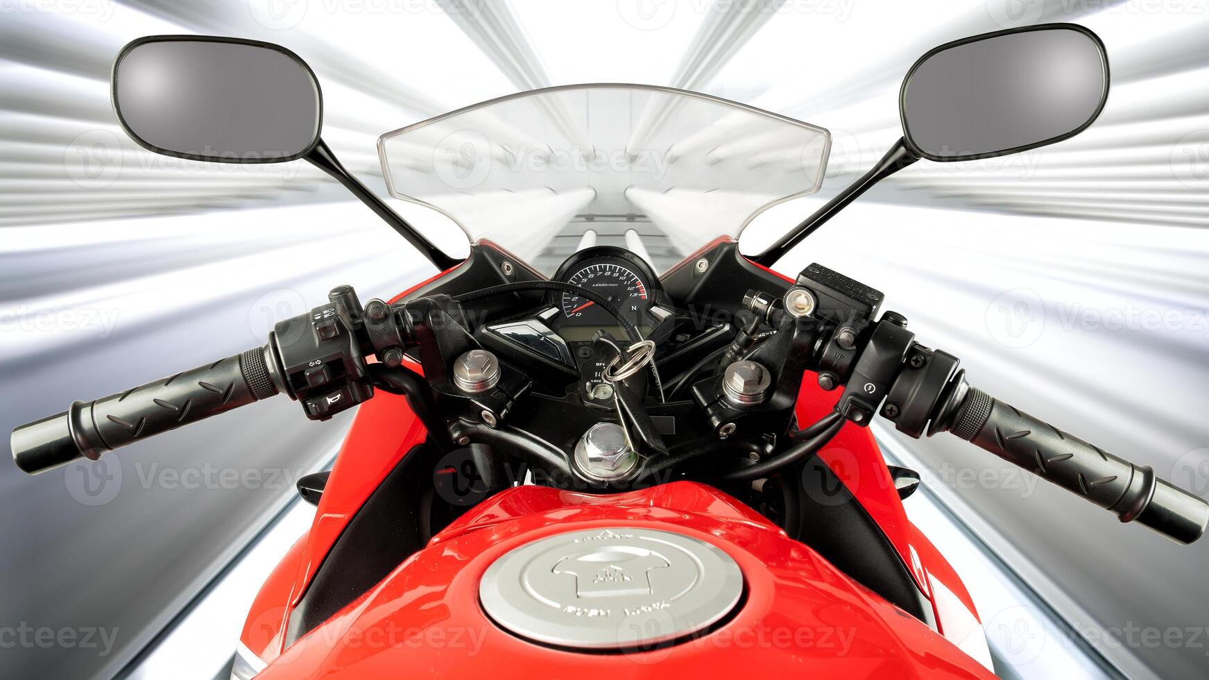 point of view of red sports type motorbike with fuel injection system, 250 cc engine, photo