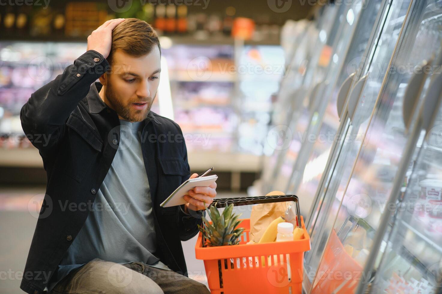 Young man buying groceries at the supermarket. Other customers in background. Consumerism concept. photo