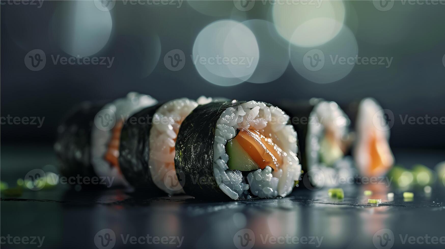 AI generated Sushi rolls on dark background. photo