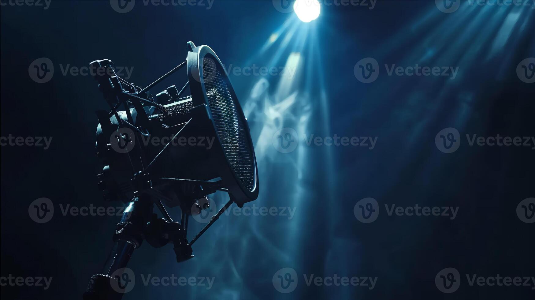 AI generated Microphone Studio for Recording, Streaming, Gaming  on an empty smoky dark stage illuminated by spotlights. photo