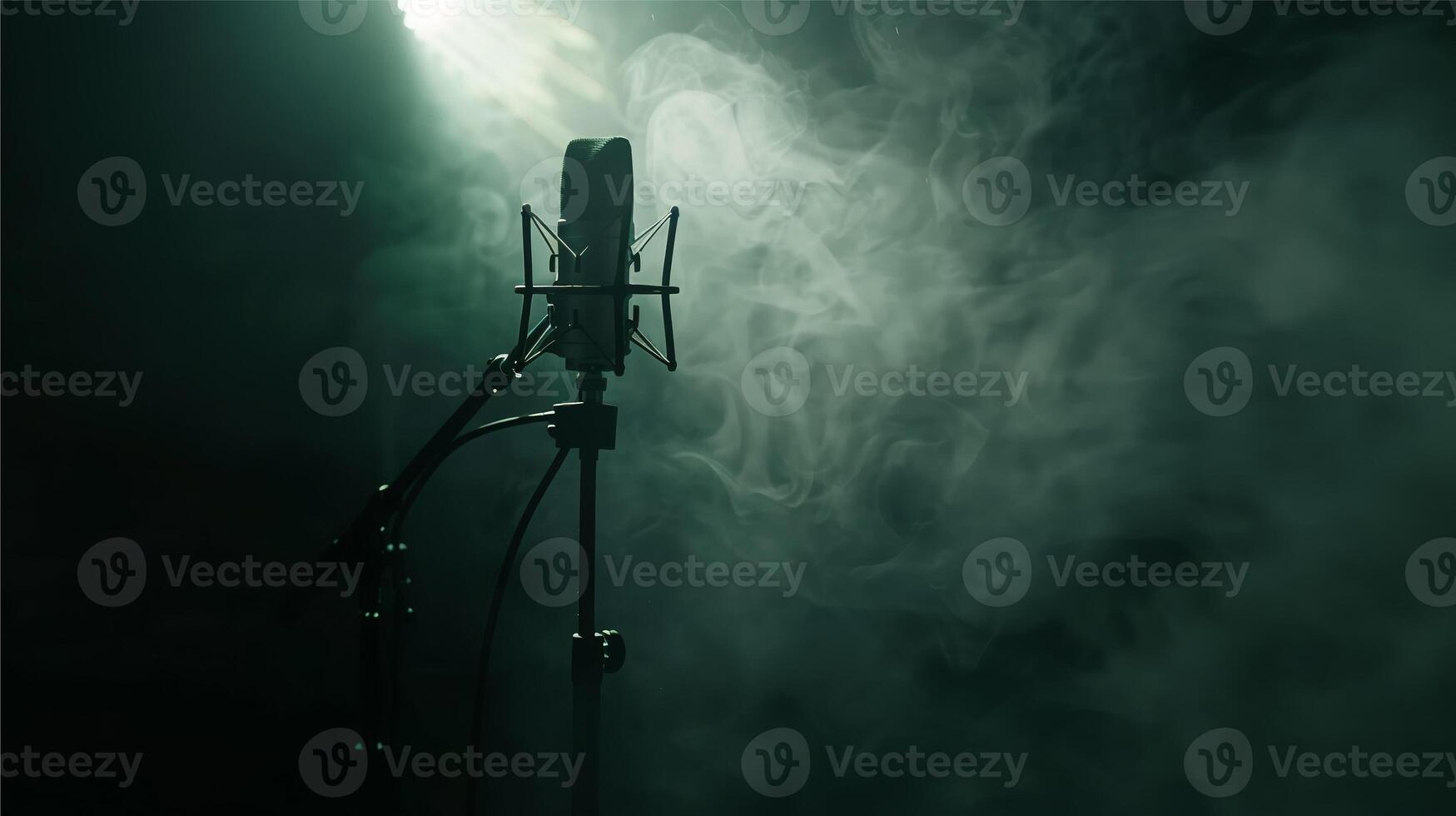 AI generated Microphone Studio for Recording, Streaming, Gaming  on an empty smoky dark stage illuminated by spotlights. photo