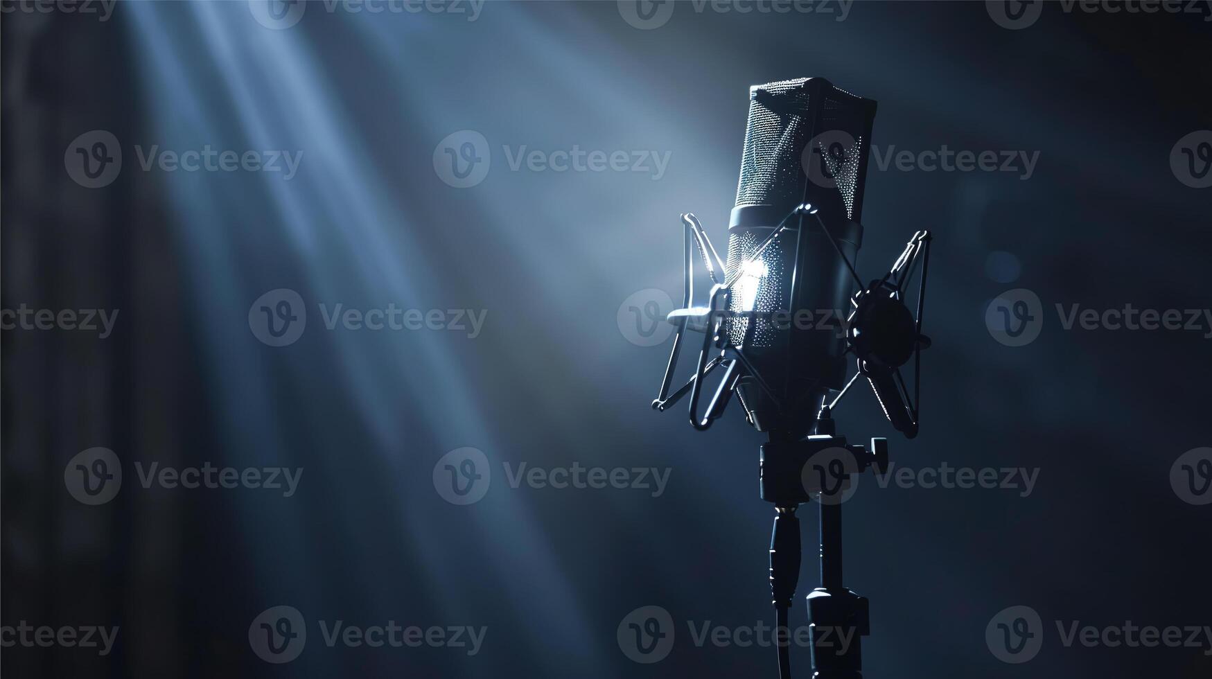 AI generated Microphone Studio for Recording, Streaming, Gaming  on an empty smoky dark stage illuminated by spotlights. photo
