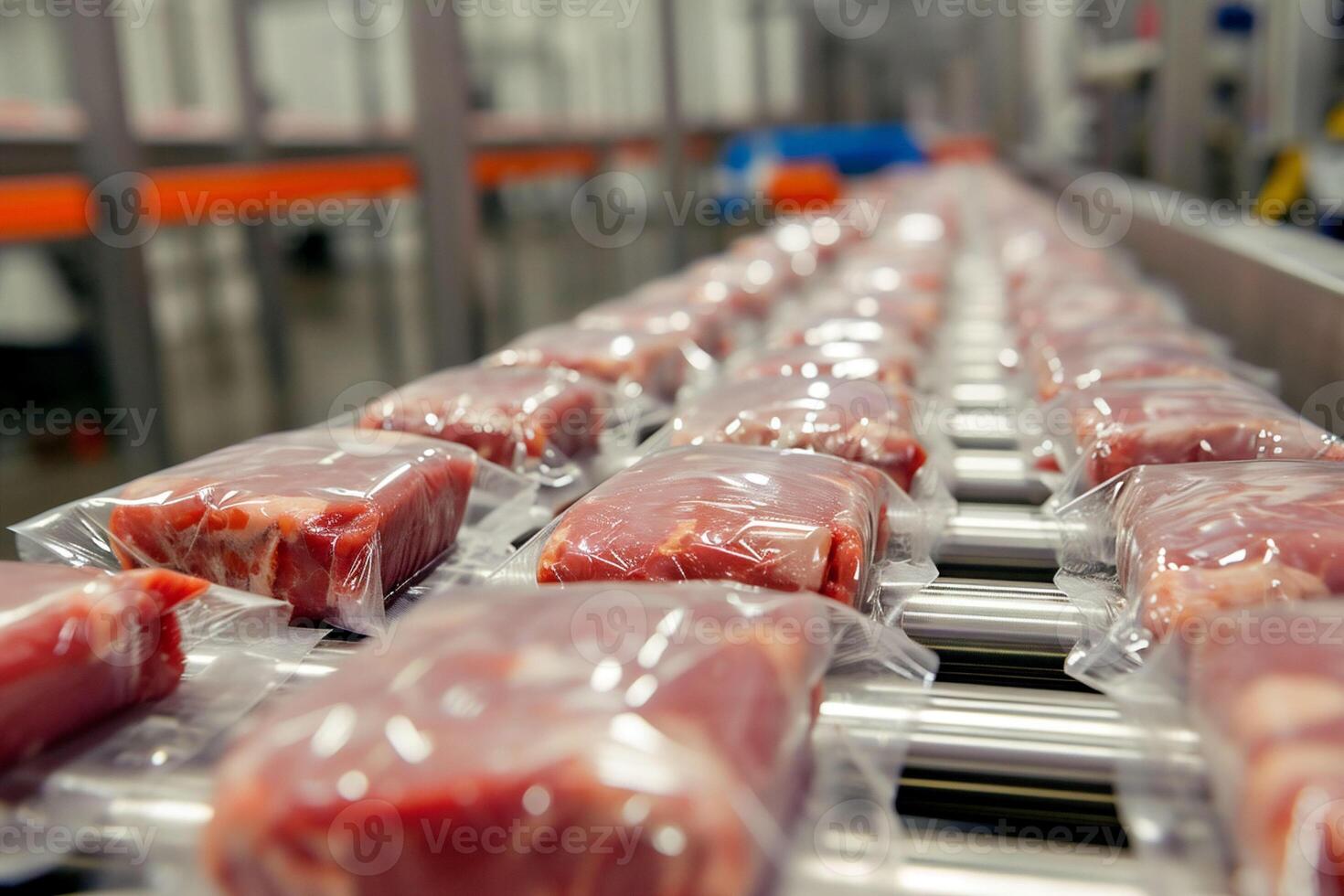 AI generated Even meat pieces in wrapped in plastic are sliding on a conveyor belt depicting food industry operations. Cultivated meat packaging, modern food processing. photo