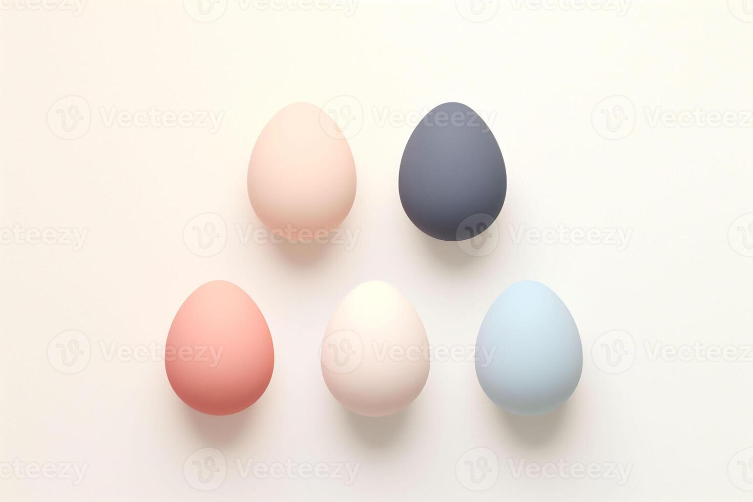 AI generated Five colorful Easter eggs ranging from dark teal to ivory and mustard are aligned on a soft creamy background, depicting a minimalistic concept. Image for cooking or Easter. photo