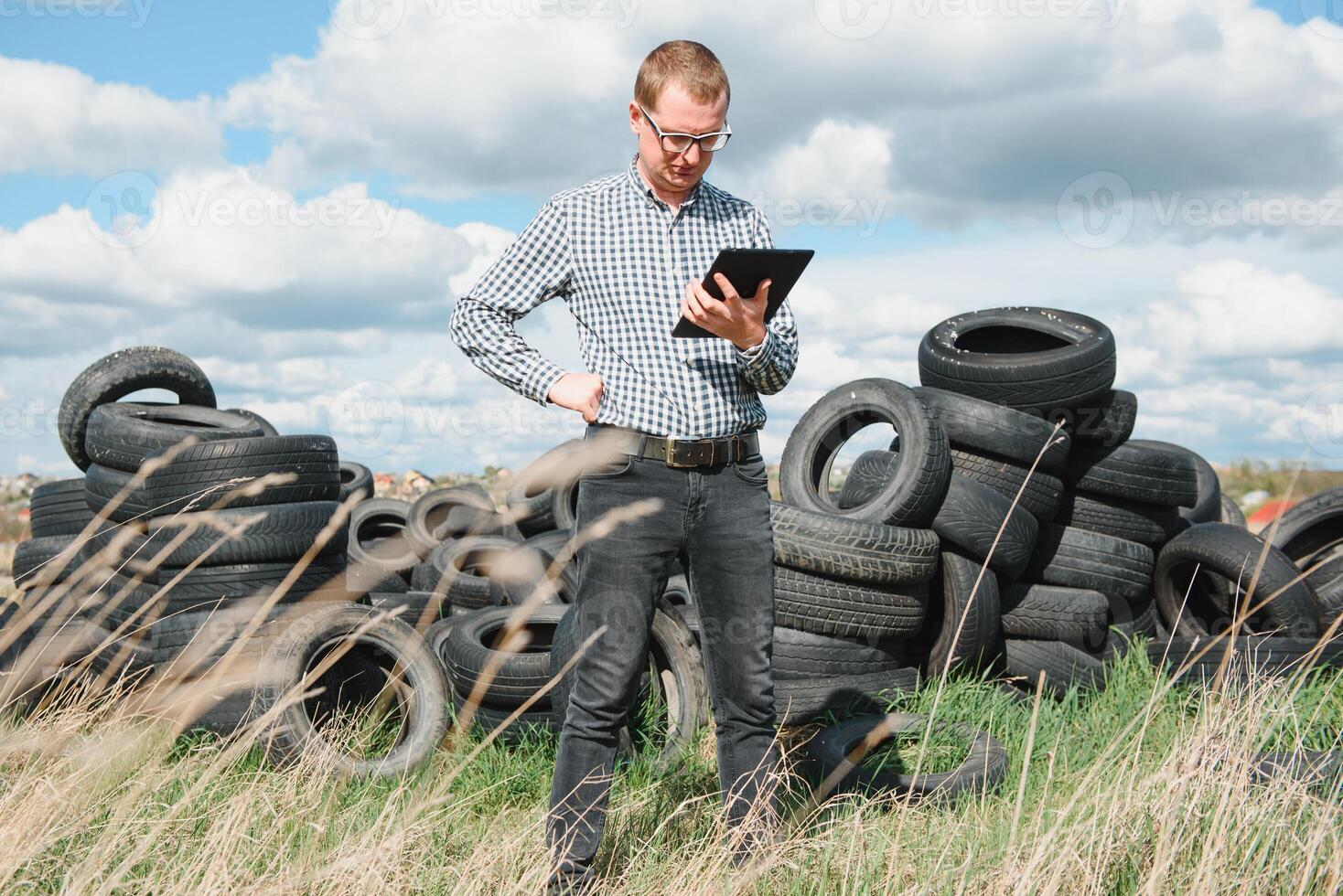 eco-activist at the landfill of used car tires calculates environmental damage. Nature conservation concept photo
